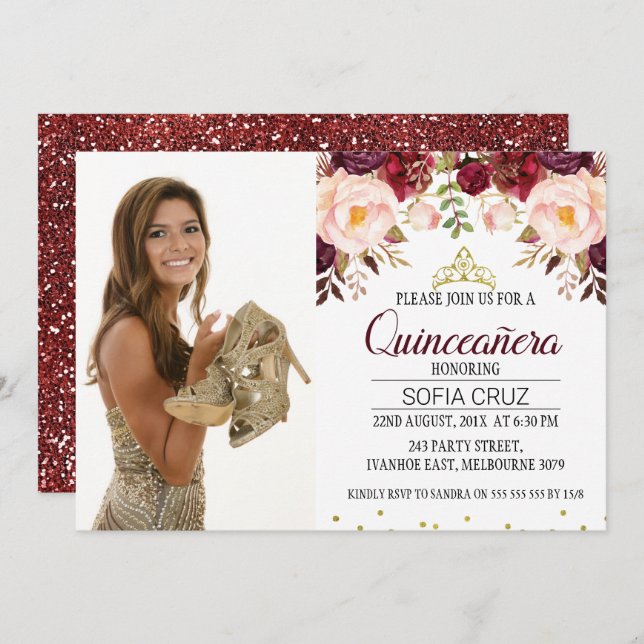 Modern Maroon Floral Photo Quinceañera Invitation (Front/Back)