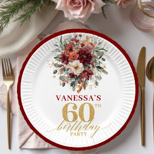 Modern Maroon Gold Autumn Floral 60th Birthday Pla Paper Plates