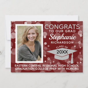 Modern Maroon Gray Bokeh Bubbles Photo Graduation Invitation