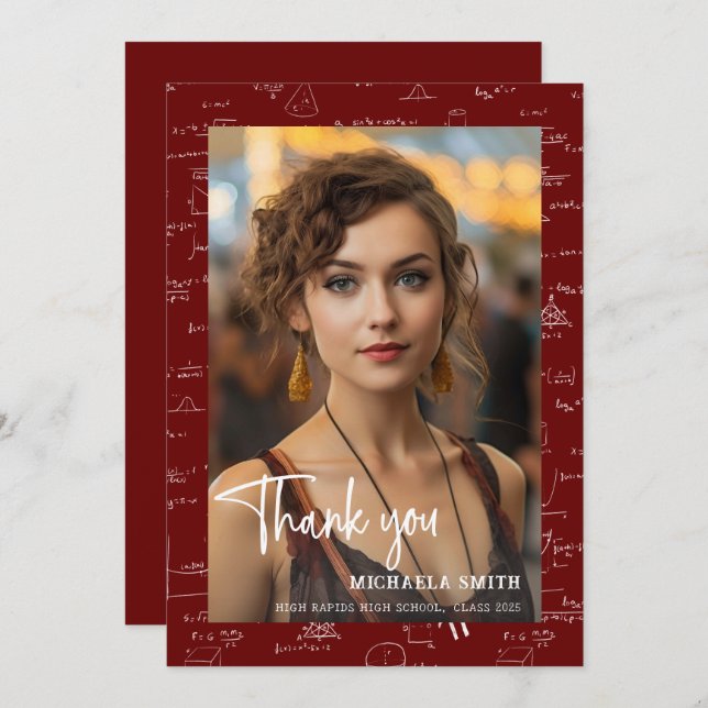 Modern Maroon Math Script Photo Graduation  Thank You Card (Front/Back)
