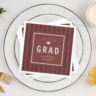 Modern Maroon Red Sporty Stripes Graduation Party Napkins