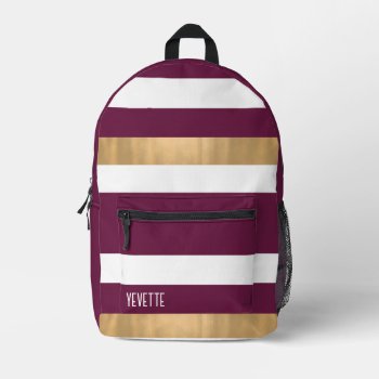 Modern Maroon White And Gold Bold Striped Printed Backpack by DizzyDebbie at Zazzle