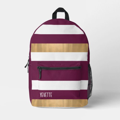 Modern Maroon White and Gold Bold Striped Printed Backpack
