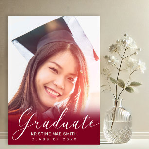 Modern Maroon White Calligraphy Photo Graduation  Invitation