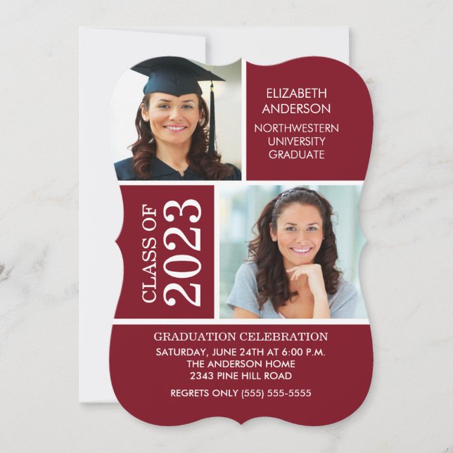 Modern Maroon & White Photo Graduation Invitation (Front)