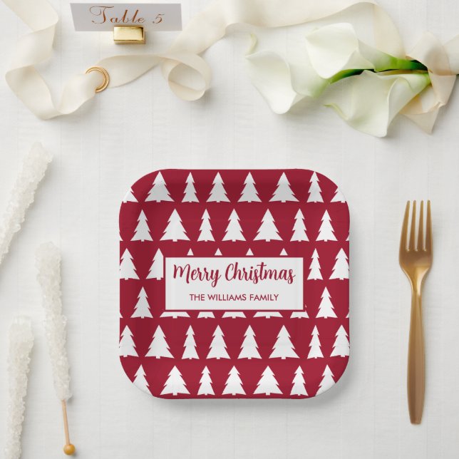 Modern Maroon White Tree Pattern Christmas Party Paper Plates (Wedding)