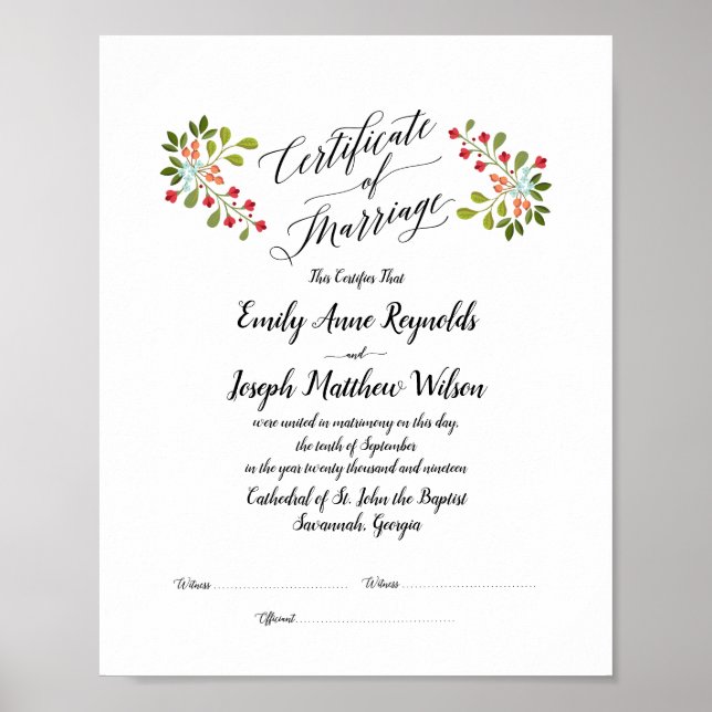 Modern Marriage Certificate Wedding Keepsake Poster (Front)