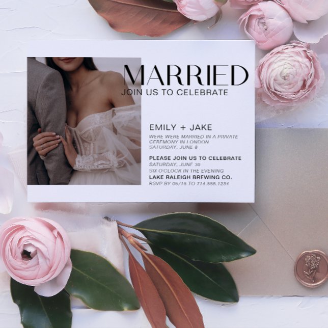 Modern Married 4 Photo Wedding Reception Party Invitation (Wedded Bliss! Join Our Post-Wedding Bash 🥂🎉 [Customize Here])