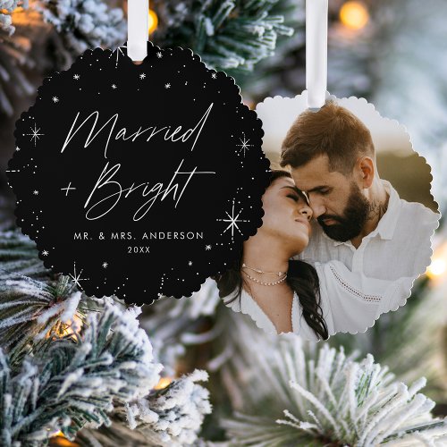 Modern Married and Bright Black Holiday Photo Ornament Card