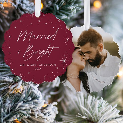 Modern Married and Bright Burgundy Holiday Photo Ornament Card