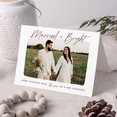 Modern Married and Bright Burgundy Script Photo Holiday Card