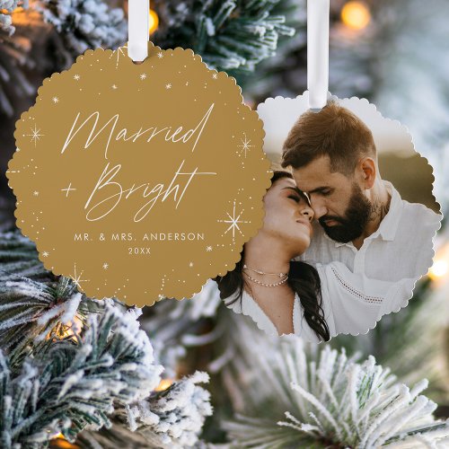 Modern Married and Bright Gold Holiday Photo Ornament Card
