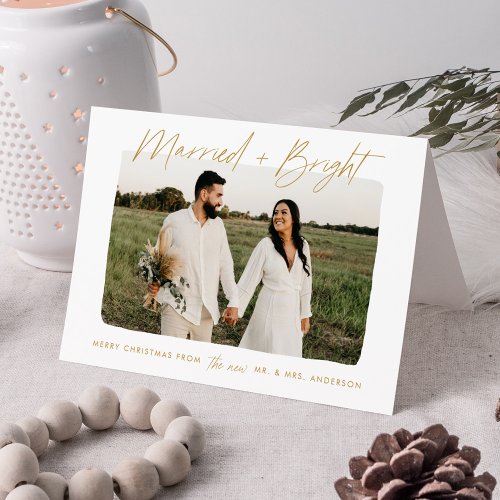 Modern Married and Bright Gold Script Photo Holiday Card