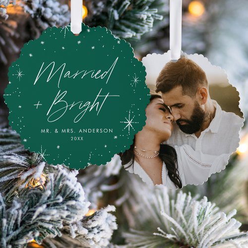 Modern Married and Bright Green Holiday Photo Ornament Card