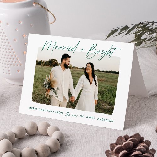 Modern Married and Bright Green Script Photo Holiday Card