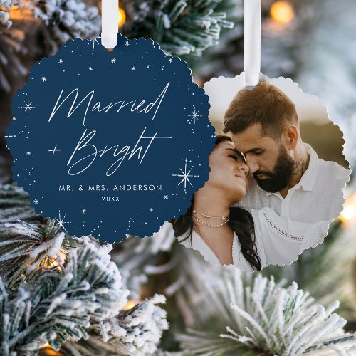 Modern Married and Bright Navy Holiday Photo Ornament Card