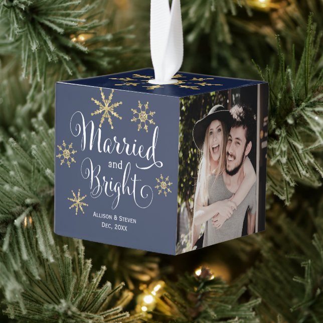 Modern Married and bright newlywed photos Cube Orn Cube Ornament (Tree)