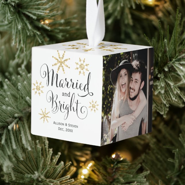 Modern Married and bright newlywed photos Cube Ornament (Tree)