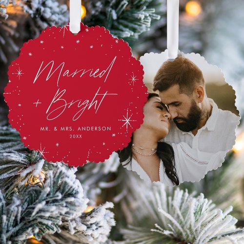 Modern Married and Bright Red Holiday Photo Ornament Card