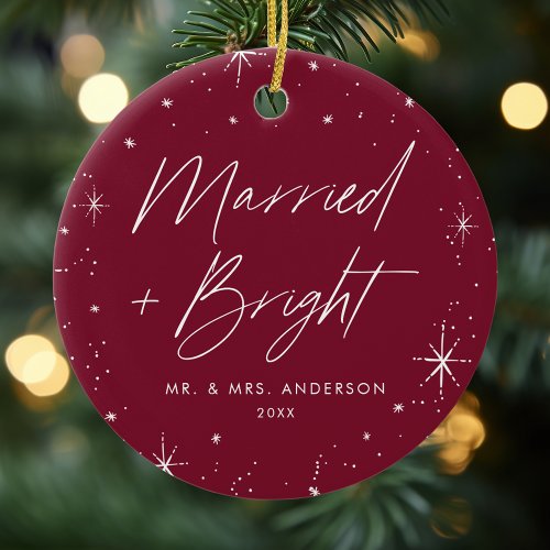 Modern Married and Bright Script Cranberry Photo Ceramic Ornament