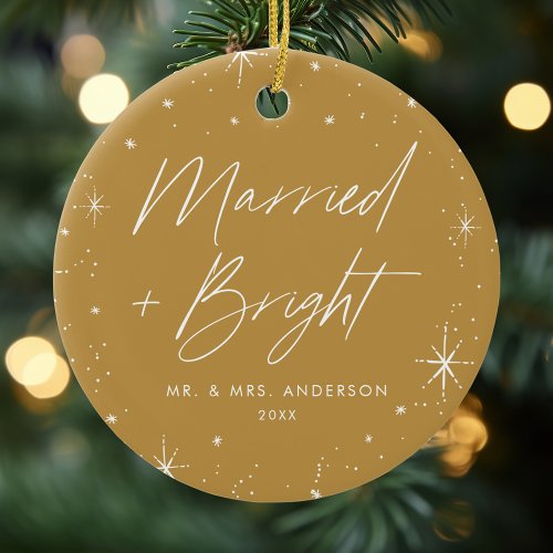 Modern Married and Bright Script Gold Photo Ceramic Ornament