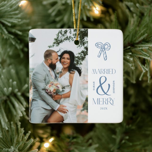 Modern Married and Merry Newlywed Bow Christmas Ceramic Ornament (Tree)