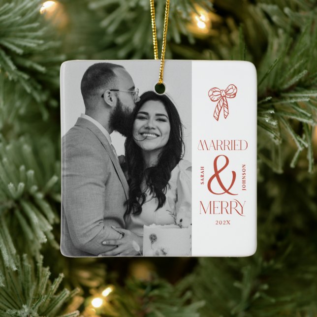 Modern Married and Merry Newlywed Bow Christmas Ceramic Ornament (Tree)