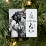 Modern Married and Merry Newlywed Bow Christmas Ceramic Ornament<br><div class="desc">Celebrate your first holiday season together with the Modern Married and Merry Newlywed Christmas tree holiday Ceramic Ornament. Featuring elegant script lettering and your favorite photo,  this ornament adds a timeless touch to your Christmas tree. Perfect for newlyweds,  it’s a heartfelt keepsake to cherish year after year.</div>