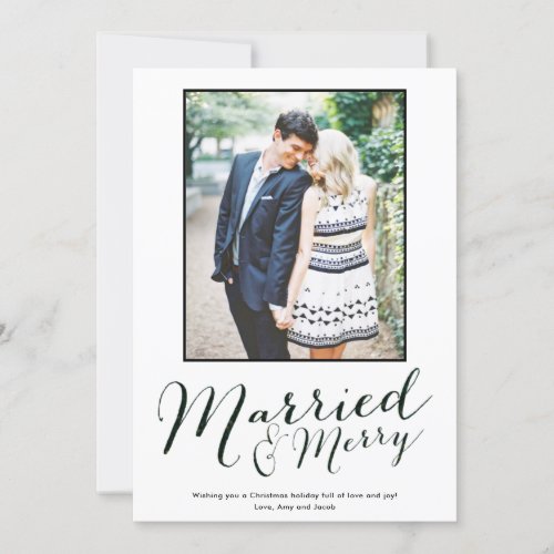 Modern Married and Merry Newlywed Plaid Photo Holiday Card