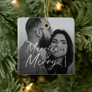 Modern Married and Merry Newlywed Script Christmas Ceramic Ornament