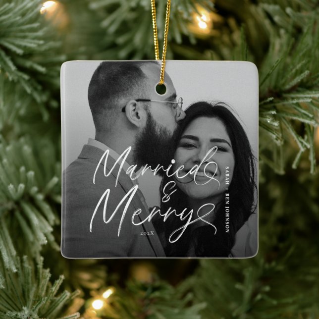 Modern Married and Merry Newlywed Script Christmas Ceramic Ornament (Tree)