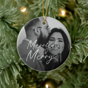 Modern Married and Merry Newlywed Script Christmas Ceramic Ornament