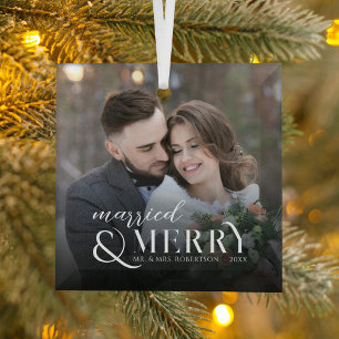 Modern Married and Merry Newlyweds Photo Christmas Glass Ornament