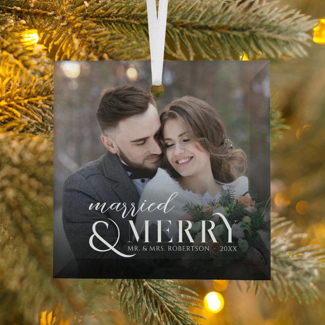 Modern Married and Merry Newlyweds Photo Christmas Glass Ornament (Creator Uploaded)