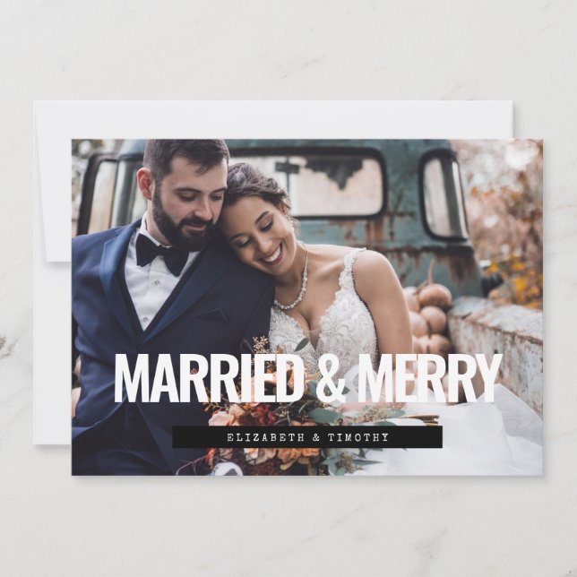 Modern Married and Merry newlyweds wedding photo Holiday Card (Front)