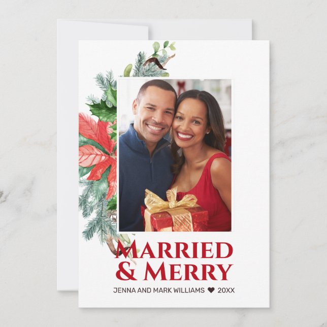 Modern Married and Merry Poinsettia Photo Holiday (Front)