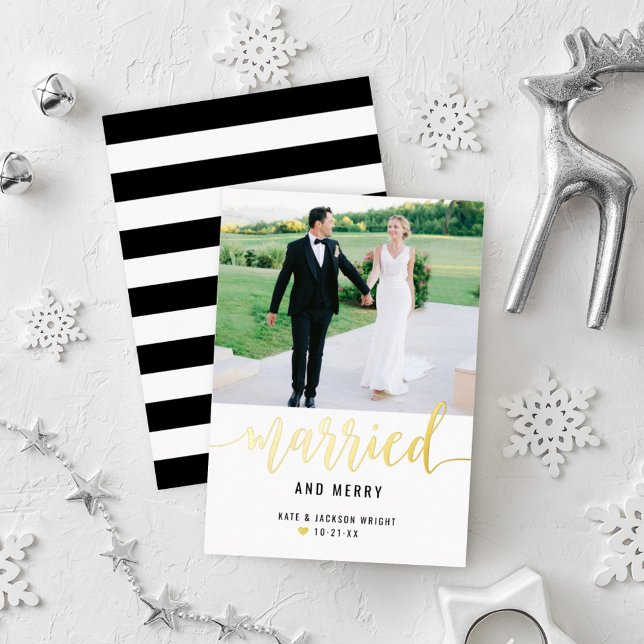 Modern Married and Merry Wedding Photo Gold Foil Holiday Card (Creator Uploaded)