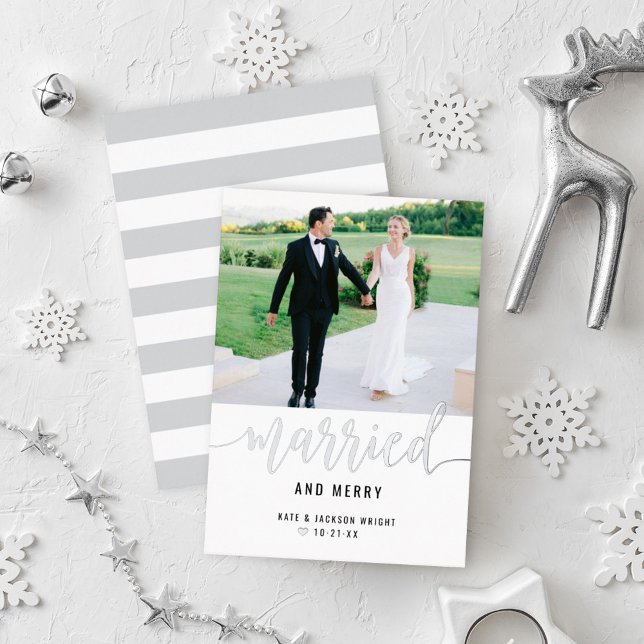 Modern Married and Merry Wedding Photo Silver Foil Holiday Card (Creator Uploaded)