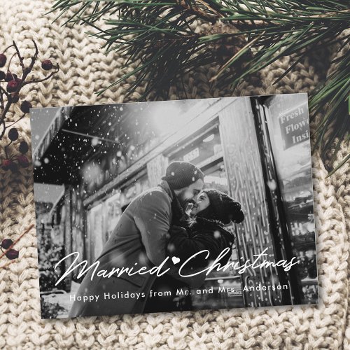 Modern Married Christmas Newlywed Photo Overlay Postcard