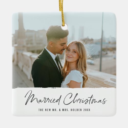 Modern Married Christmas Newlywed Wedding 2 Photo Ceramic Ornament