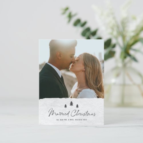 Modern Married Christmas Newlywed Wedding 2 Photo Holiday Postcard