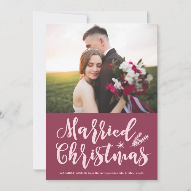 Modern Married Christmas | Pine Mauve Photo Holiday Card (Front)