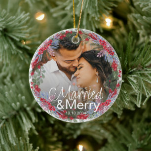 Modern Married & Merry Christmas Ceramic Ornament