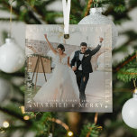 Modern Married & Merry Couple Photo Glass Ornament<br><div class="desc">Commemorate your marriage this year with this couples photo glass ornament. Featuring the text 'MARRIED & MERRY' in white typography framing a picture of your choice,  cute white heart spacers,  name's and year.</div>