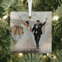 Modern Married &amp; Merry Couple Photo Glass Ornament