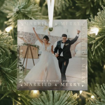 Modern Married & Merry Couple Photo Glass Ornament