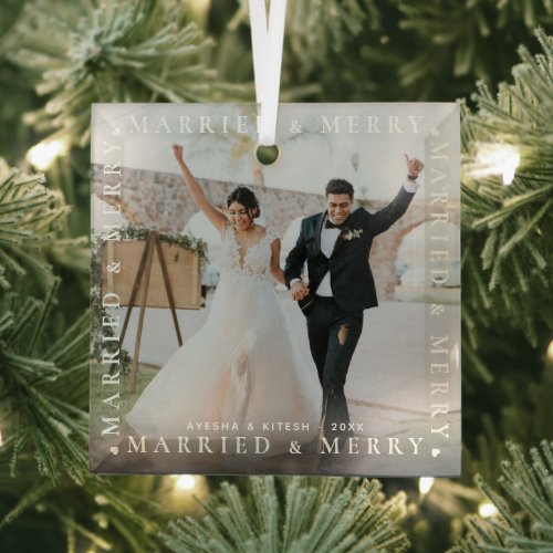 Modern Married  Merry Couple Photo Glass Ornament