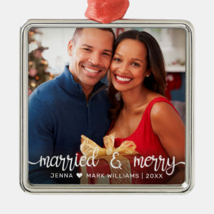 Modern Married Merry White Script Photo Metal Ornament