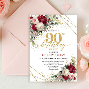 Modern Marsala Gold Floral 90th Birthday Invitatio Invitation