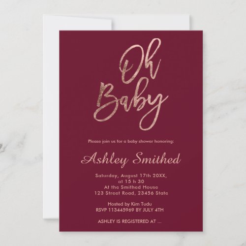 Modern marsala red rose gold Oh baby shower Invitation